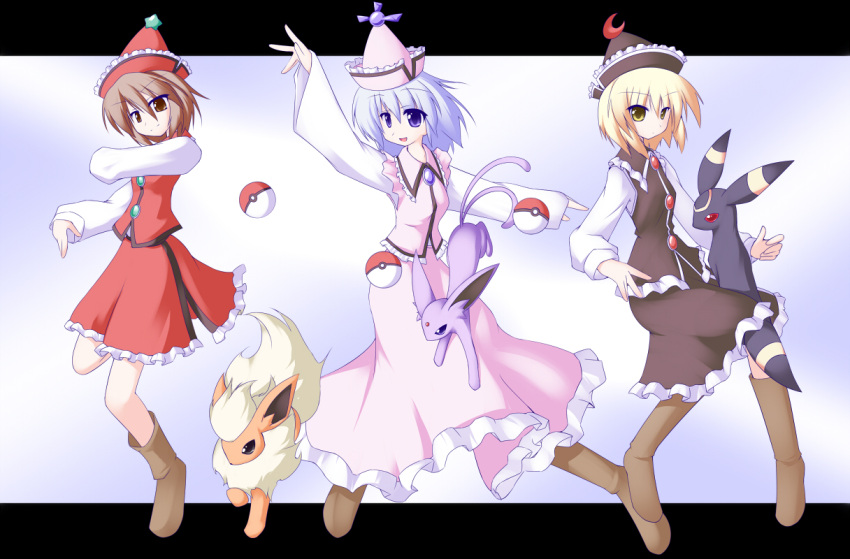 3girls black_eyes blonde_hair blue_hair boots brown_eyes brown_hair crossover espeon flareon hat lunasa_prismriver lyrica_prismriver merlin_prismriver miyo_(miyomiyo01) multiple_girls poke_ball pokemon pokemon_(creature) red_eyes short_hair touhou umbreon violet_eyes yellow_eyes