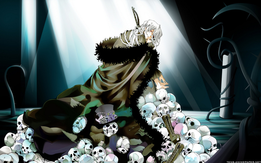 bandage_over_one_eye bandages cape hair_over_one_eye hat pandora_hearts red_eyes short_hair silver_hair sitting skull smile solo source_request sword top_hat wallpaper weapon xerxes_break