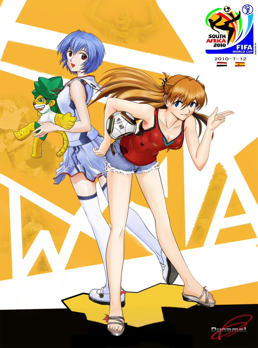2girls :d adidas ayanami_rei ball blue_eyes blue_hair breasts brown_hair camisole cleavage cross-laced_footwear denim denim_shorts doll grin highres holding jabulani leaning_forward legs long_hair looking_back mary_janes multiple_girls neon_genesis_evangelion open_mouth plush red_eyes sandals shikinami_asuka_langley shoes short_hair shorts skirt smile soccer soccer_ball souryuu_asuka_langley standing stuffed_animal stuffed_toy thigh-highs thighhighs tomnic two-finger_salute white_legwear white_thighhighs world_cup zakumi zettai_ryouiki