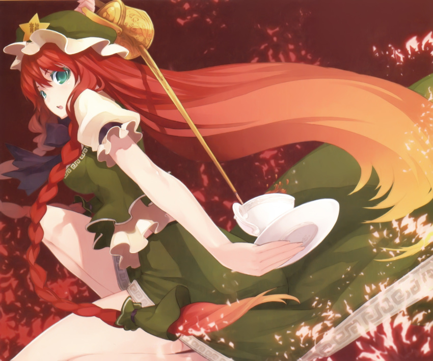 absurdres aqua_eyes braid china_dress chinese_clothes cup decantering hat highres hong_meiling long_hair pitcher pouring red_hair redhead shingo_(missing_link) side_braid solo star touhou