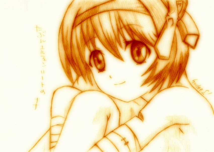 bandages elfen_lied godees highres monochrome nana_(elfen_lied) short_hair sketch smile solo traditional_media