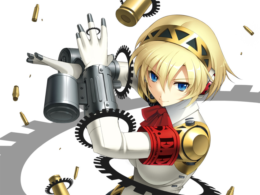android armband blonde_hair blue_eyes bullet casing_ejection cygnus_(artist) drum_magazine persona persona_3 shell_casing short_hair smile solo