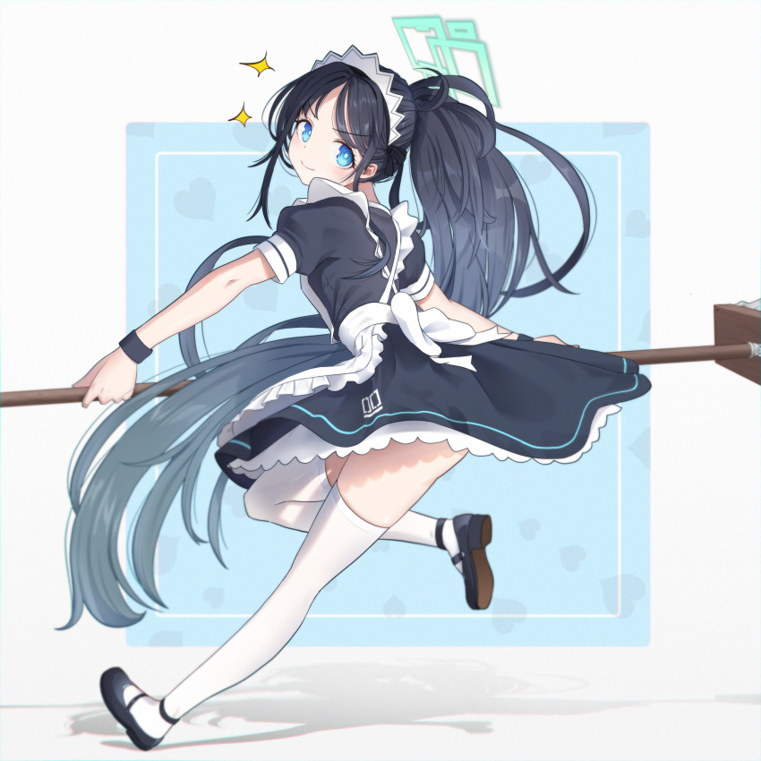 &gt;:) 1girl absurdres apron aris_(blue_archive) aris_(maid)_(blue_archive) black_dress black_footwear black_hair black_wrist_cuffs blue_archive blue_eyes blush bright_pupils broom chiu538 closed_mouth commentary_request dress floating_clothes floating_hair frilled_apron frilled_dress frills from_side full_body halo heart highres holding holding_broom korean_commentary light_blue_background loli long_hair looking_at_viewer maid maid_apron maid_headdress mary_janes ponytail puffy_short_sleeves puffy_sleeves shoes short_sleeves simple_background smile sparkle standing standing_on_one_leg thigh-highs thighs two-tone_background v-shaped_eyebrows very_long_hair white_apron white_background white_pupils white_thighhighs wrist_cuffs