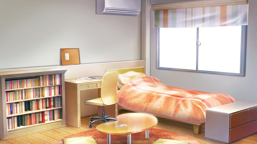 air_conditioner bed bedroom book bookshelf bulletin_board controller film_grain game_cg indoors izumi_tsubasu no_humans non-web_source official_art pillow re:stage! remote_control rug scenery swivel_chair table window window_shade wooden_desk wooden_floor