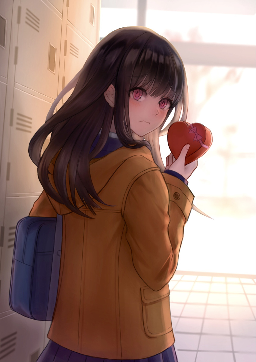 1girl bag blush box brown_hair coat commentary english_commentary from_behind frown heart-shaped_box highres holding holding_box hood hooded_coat ilikegoya locker long_hair long_sleeves looking_at_viewer looking_back original pink_eyes pleated_skirt ringed_eyes school_bag skirt solo sunlight tile_floor tiles valentine