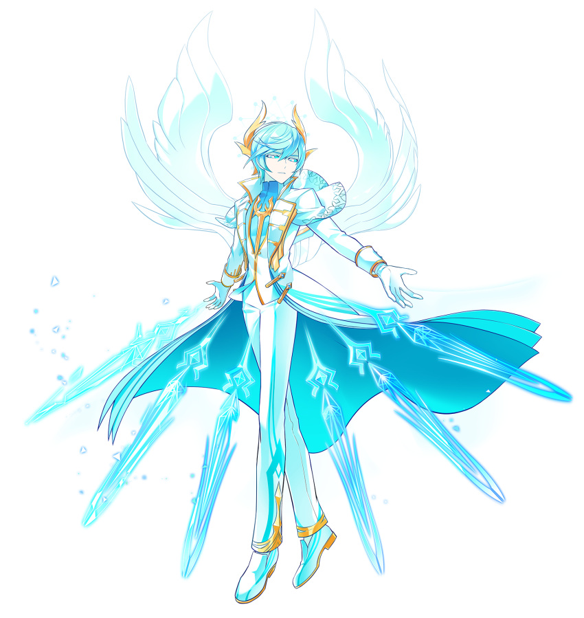 1boy ainchase_ishmael angel_wings blue_coat blue_hair blue_pupils blue_sclera blue_shirt boots capelet coat colored_sclera colored_skin diamond-shaped_pupils diamond_(shape) elsword expressionless floating floating_object floating_sword floating_weapon full_body gloves gold_trim hair_between_eyes halo highres hologram lapels light_particles looking_at_viewer male_focus multiple_wings official_art outstretched_arms pants parted_lips runes shirt shoes short_hair sideways_glance sleeve_cuffs solo spread_arms standing sword symbol-shaped_pupils third-party_source transparent_background two-sided_coat two-sided_fabric vest weapon white_capelet white_coat white_eyes white_footwear white_gloves white_pants white_skin white_vest white_wings wing_hair_ornament wings