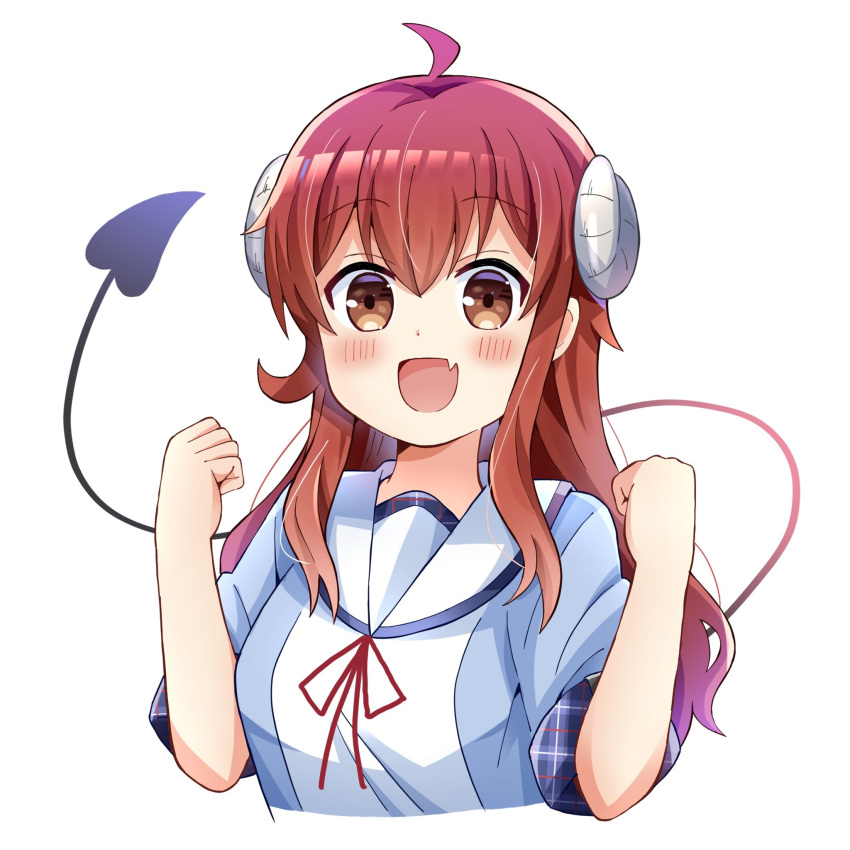 1girl :d ahoge blue_shirt blush brown_eyes brown_hair chinese_commentary clenched_hands commentary cropped_torso curled_horns demon_girl demon_horns demon_tail fang hands_up happy hellfire00001 highres horns long_hair looking_at_viewer machikado_mazoku open_mouth red_ribbon ribbon sailor_collar school_uniform serafuku shirt short_sleeves sidelocks simple_background skin_fang smile solo tail tail_raised wavy_hair white_background white_sailor_collar yoshida_yuuko_(machikado_mazoku)
