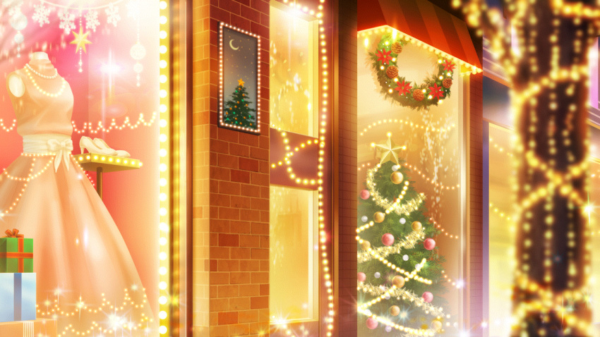 awning blurry blurry_foreground box brick christmas christmas_lights christmas_ornaments christmas_star christmas_tree christmas_wreath crescent_moon dress film_grain game_cg gift gift_box high_heels izumi_tsubasu mannequin moon night no_humans non-web_source official_art outdoors pinecone pink_dress re:stage! sash scenery shoes snowflakes star_(sky) storefront tinsel unworn_shoes white_footwear white_sash wreath