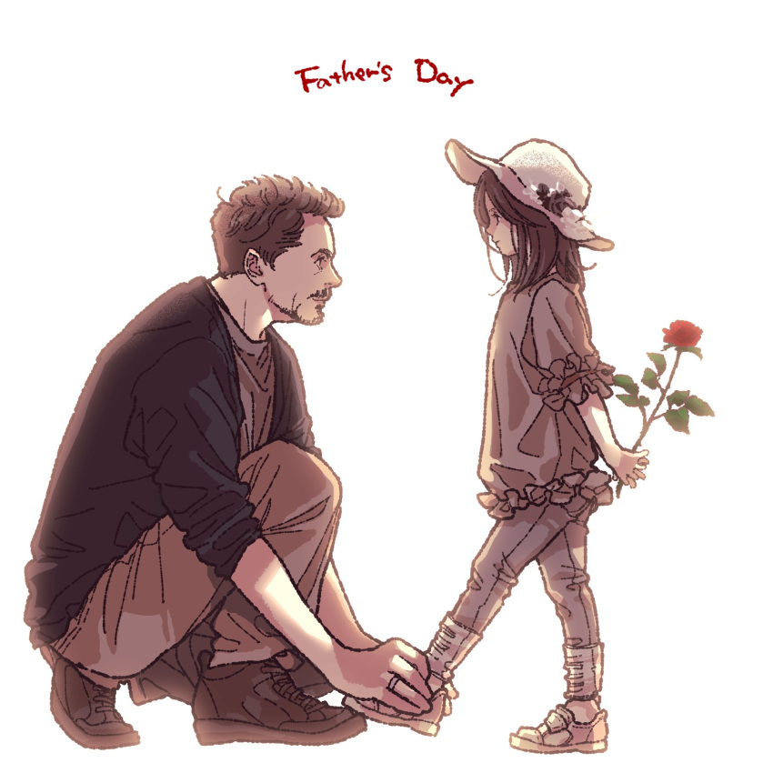 1boy 1girl avengers:_endgame avengers_(series) child closed_mouth commentary_request denim english_text facial_hair father's_day father_and_daughter flower hat hat_flower highres holding holding_flower jacket jewelry leaf long_sleeves looking_at_another marvel marvel_cinematic_universe medium_hair mochishio morgan_stark open_clothes open_jacket pants puffy_short_sleeves puffy_sleeves red_flower red_rose ring rose shirt shoes short_hair short_sleeves simple_background smile sneakers socks standing t-shirt tony_stark white_background