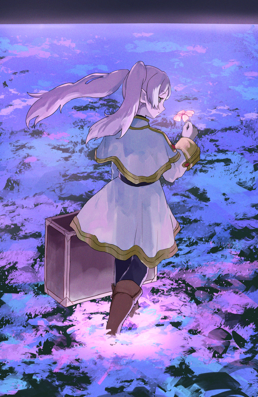 1girl black_pantyhose boots brown_footwear capelet clip_studio_paint_(medium) closed_mouth collared_capelet expressionless flower frieren full_body glowing glowing_flower grey_hair hand_up high_collar highres holding holding_flower holding_suitcase horizon knee_boots long_hair long_sleeves looking_down making-of_available outdoors pantyhose pink_flower plant ponytail profile ryoha_kosako skirt solo sousou_no_frieren standing suitcase video_thumbnail walking white_capelet white_skirt