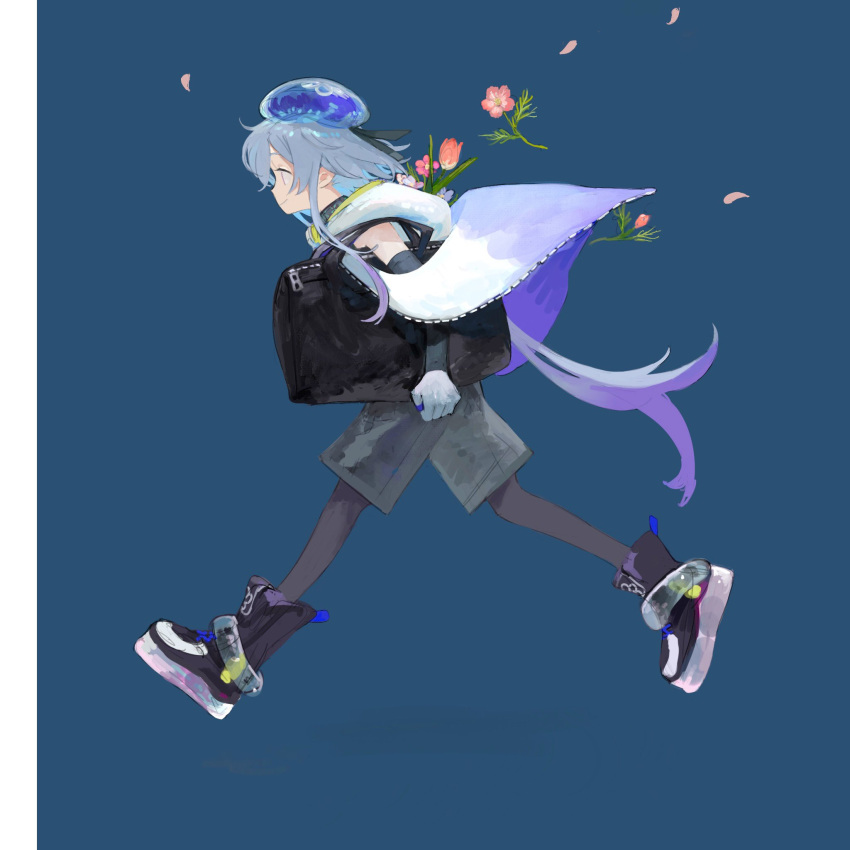 1boy arknights bag beret black_bag blue_background blue_hair border cape clothing_cutout detached_sleeves flower from_side hat highres holding holding_bag hood hooded_cape infection_monitor_(arknights) light_smile male_focus mizuki_(arknights) orange_flower otoko_no_ko pantyhose_under_shorts petals running shoes short_hair_with_long_locks shorts solo white_border white_cape yomotobi