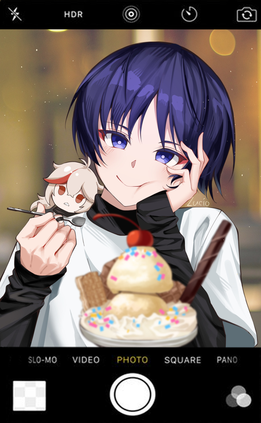 1boy absurdres blue_eyes blue_hair blurry blurry_background blurry_foreground blush character_doll cherry eyeshadow fake_phone_screenshot fake_screenshot food fruit genshin_impact hand_on_own_cheek hand_on_own_face head_on_hand head_rest highres holding holding_spoon ice_cream kaedehara_kazuha layered_sleeves light_particles long_sleeves looking_at_viewer lucio_(lucioooo38) makeup red_eyeshadow scaramouche_(genshin_impact) short_hair short_over_long_sleeves short_sleeves smile solo spoon sundae wafer_stick