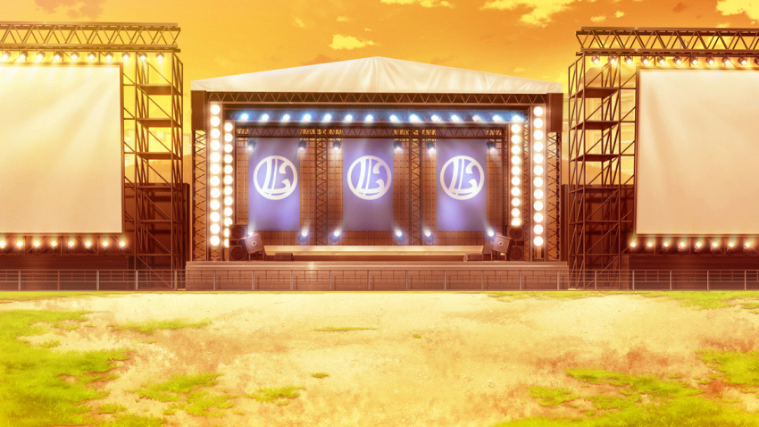 building clouds dirt evening fence film_grain game_cg grass izumi_tsubasu light_bulb no_humans non-web_source official_art orange_sky outdoors re:stage! scenery screen sky speaker stage stage_lights