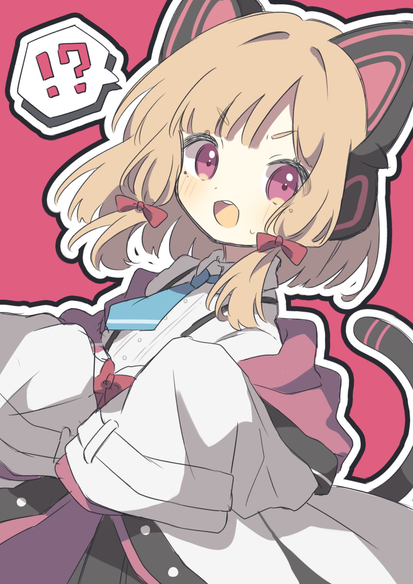 !? 1girl absurdres animal_ear_headphones animal_ears blonde_hair blue_archive blue_necktie bow cat_ear_headphones fake_animal_ears game_development_department_(blue_archive) hair_bow headphones highres jacket komano_shia momoi_(blue_archive) multicolored_clothes multicolored_jacket necktie open_mouth outline pink_background pink_bow pink_eyes sleeves_past_wrists spoken_interrobang upper_body white_jacket