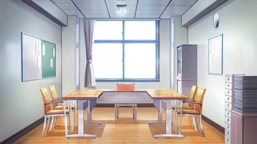 ceiling chair chalkboard clock curtains day file_cabinet film_grain game_cg indoors izumi_tsubasu no_humans non-web_source official_art overhead_lights paper_stack re:stage! scenery school table tile_ceiling tiles wall_clock whiteboard window wooden_floor