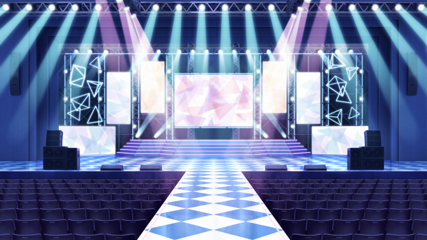 catwalk_(modeling) film_grain game_cg indoors izumi_tsubasu no_humans non-web_source official_art rafters re:stage! scenery screen speaker stage stage_lights stairs theater theater_seating