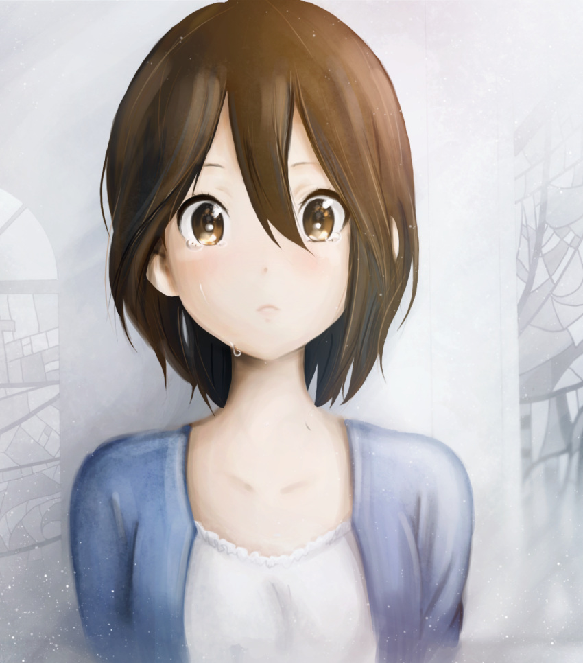 1girl bad_deviantart_id bad_id bad_source black_hair closed_mouth crying hair_between_eyes highres inaba_himeko kokoro_connect shironosora shirt short_hair solo tears yellow_eyes