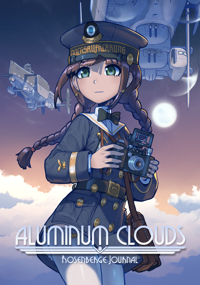 1girl absurdres aircraft airship bag belt belt_buckle bow bowtie braid brown_hair buckle camera cannon clouds cover cover_page cowboy doujin_cover earrings erica_(naze1940) garter_straps green_eyes hat highres holding holding_camera jewelry long_hair looking_to_the_side military military_hat military_uniform military_vehicle naval_uniform original sailor_collar sailor_hat satchel science_fiction sky soldier solo sun thigh-highs twin_braids uniform white_thighhighs zettai_ryouiki