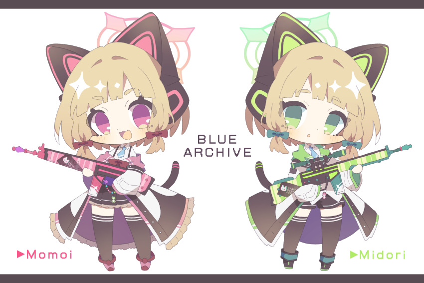 2girls :d :o animal_ear_headphones animal_ears black_thighhighs blonde_hair blue_archive blue_necktie bow cat_ear_headphones chibi fake_animal_ears full_body game_development_department_(blue_archive) green_bow green_eyes green_halo gun hair_bow halo headphones highres holding holding_gun holding_weapon jacket komano_shia letterboxed midori_(blue_archive) momoi_(blue_archive) multicolored_clothes multicolored_jacket multiple_girls necktie open_mouth pink_bow pink_eyes pink_halo simple_background smile thigh-highs weapon