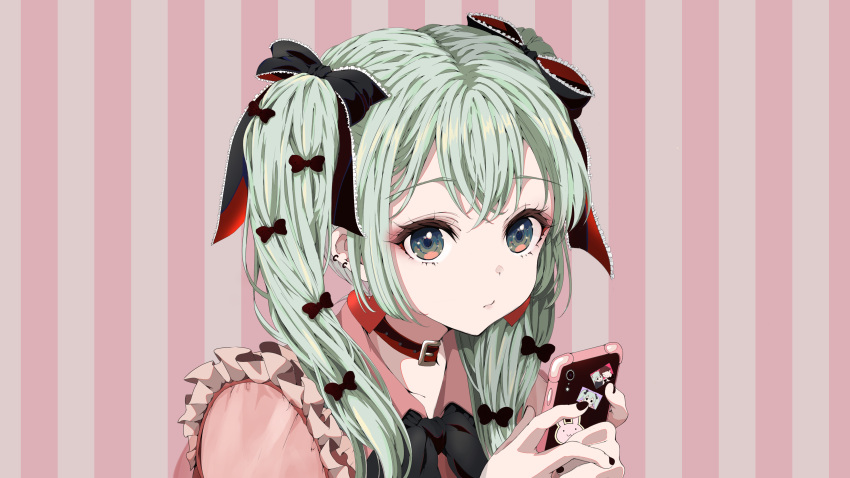 1girl absurdres blue_eyes bow bowtie cellphone collar collared_shirt dangle_earrings earrings expressionless frilled_bow frills green_hair hair_bow hatsune_miku heart heart_earrings highres holding holding_phone jewelry lavie_(cestbonlavie) long_hair looking_at_viewer multiple_earrings multiple_hair_bows phone shirt smartphone solo sticker striped striped_background twintails upper_body vocaloid