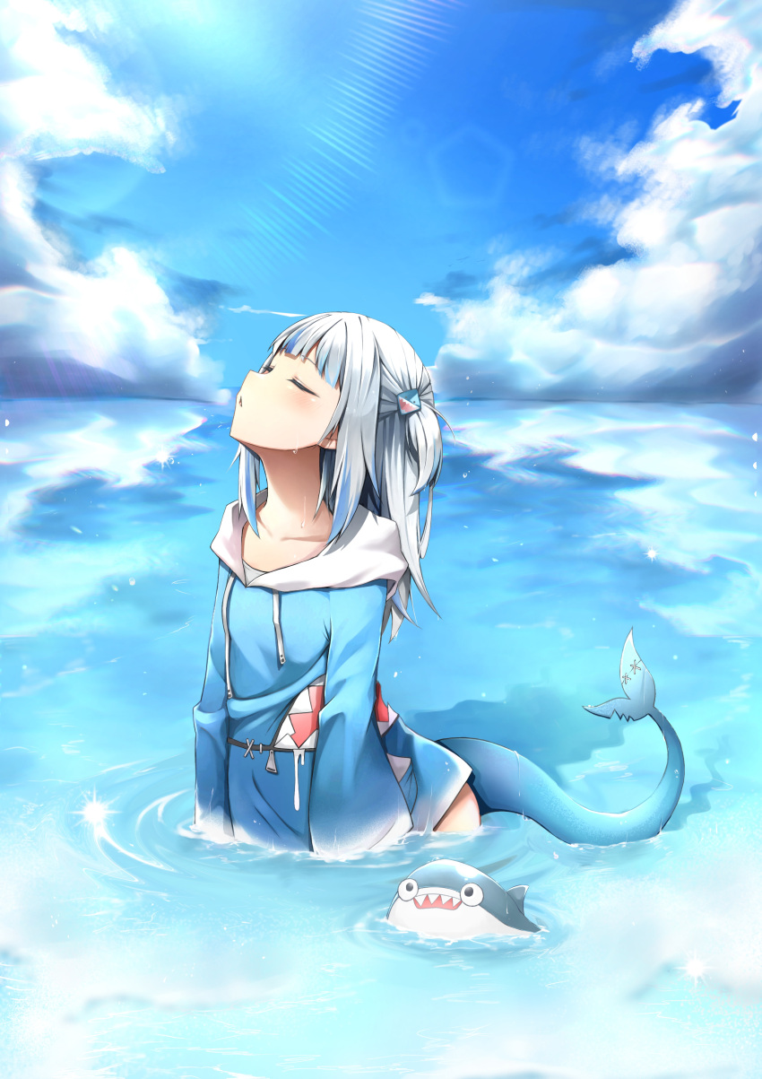 1girl absurdres bloop_(gawr_gura) blue_hair blue_hoodie blunt_bangs blush closed_eyes commentary_request fins fish_tail gawr_gura gawr_gura_(1st_costume) grey_hair hair_ornament highres hololive hololive_english hood hoodie long_hair long_sleeves multicolored_hair no_pants ocean open_mouth outdoors pepushi_drow shark_hair_ornament shark_tail sky solo streaked_hair sunlight tail two_side_up virtual_youtuber wading wet wide_sleeves