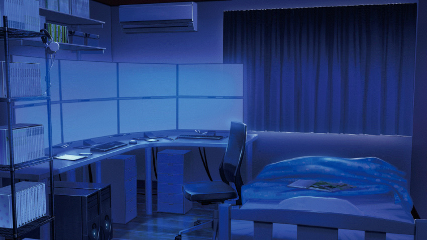 air_conditioner bed bedroom cellphone curtains dark_room desk dvd_case file_cabinet film_grain game_cg hard_drive headphones izumi_tsubasu keyboard_(computer) magazine_(object) monitor mouse_(computer) multiple_monitors no_humans non-web_source official_art open_magazine phone re:stage! scenery shelf smartphone swivel_chair tablet_pc window wooden_floor