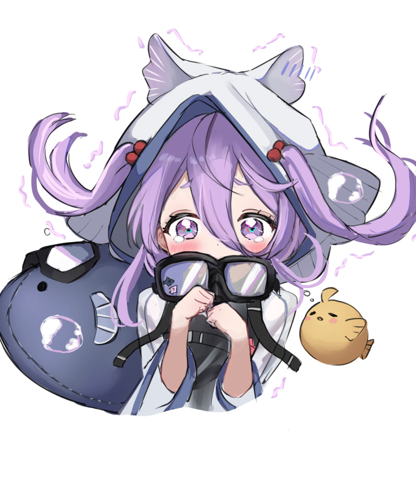1girl absurdres ahoge air_bubble azur_lane blush bubble flasher_(azur_lane) goggles goggles_around_neck hands_up highres long_bangs looking_at_viewer manjuu_(azur_lane) medium_hair purple_hair simple_background soul_(dp11) stuffed_animal stuffed_fish stuffed_toy tearing_up trembling two_side_up violet_eyes white_background white_hood
