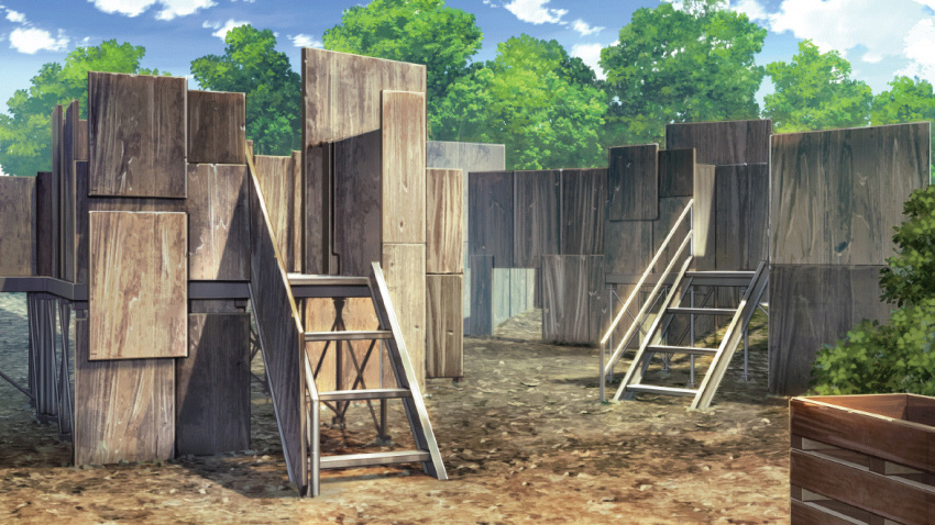 barricade blue_sky clouds day dirt film_grain game_cg izumi_tsubasu no_humans non-web_source official_art outdoors re:stage! scenery sky tagme tree wooden_stairs wooden_wall