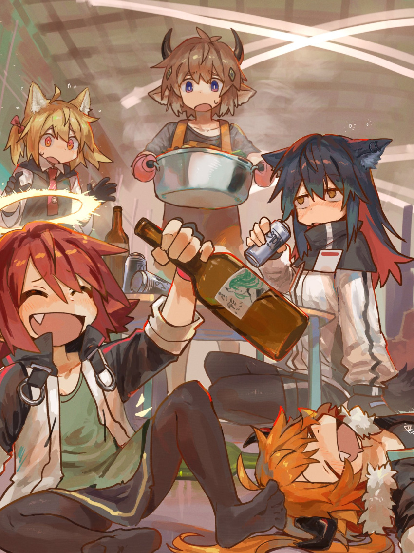 1boy 4girls alcohol animal_ear_fluff animal_ears apron arknights beer_can bison_(arknights) black_capelet black_hair black_pantyhose black_shorts blonde_hair bottle brown_hair can capelet cow_boy cow_ears croissant_(arknights) drink_can drunk exusiai_(arknights) fang fur_trim gloves green_shirt halo highres holding holding_bottle holding_cooking_pot hoshiguma_(arknights) indoors jacket multicolored_hair multiple_girls mutomorokoshi name_tag necktie open_clothes open_jacket orange_apron orange_hair pantyhose pantyhose_under_shorts party penguin_logistics_(arknights) red_necktie redhead shirt short_hair shorts skirt sleeves_rolled_up sora_(arknights) texas_(arknights) twintails white_jacket wolf_ears wolf_girl worried yellow_halo