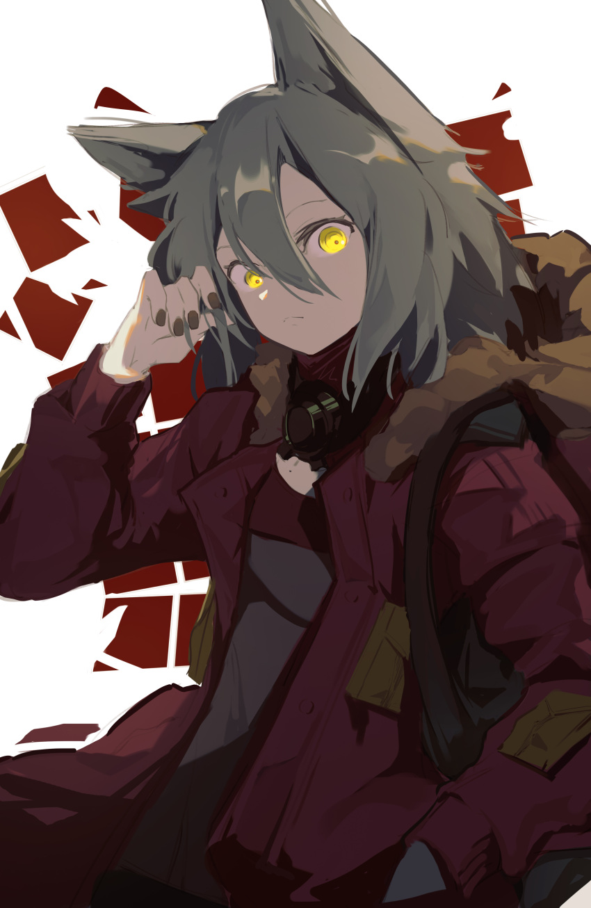 1girl absurdres animal_ears arknights black_nails fur-trimmed_hood fur_trim grey_hair grey_shirt hair_between_eyes hand_in_own_hair hand_in_pocket hand_up highres hood hooded_jacket jacket long_sleeves looking_at_viewer mask mask_around_neck open_clothes open_jacket projekt_red_(arknights) r94_(aikwryosuke) red_jacket shirt simple_background solo upper_body white_background wolf_ears wolf_girl yellow_eyes