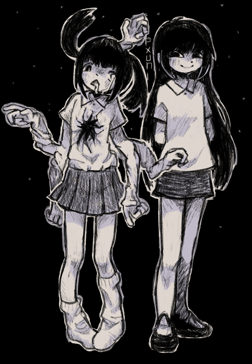 2girls :&lt; absurdres arms_at_sides arms_behind_back black_background black_eyes black_hair black_skirt blush closed_mouth collared_shirt dot_nose dripping_eye extra_arms full_body hand_up hands_up highres hole_in_chest hole_on_body knees_together_feet_apart long_hair looking_to_the_side mary_janes medium_bangs medium_hair miniskirt monochrome monoe monoko multiple_girls outline pale_skin pigeon-toed pleated_skirt pxunii shaded_face shirt shirt_tucked_in shoes short_sleeves sidelocks simple_background single_empty_eye skirt smile smug socks standing triangle_mouth twintails very_long_hair white_outline white_shirt white_socks yume_nikki