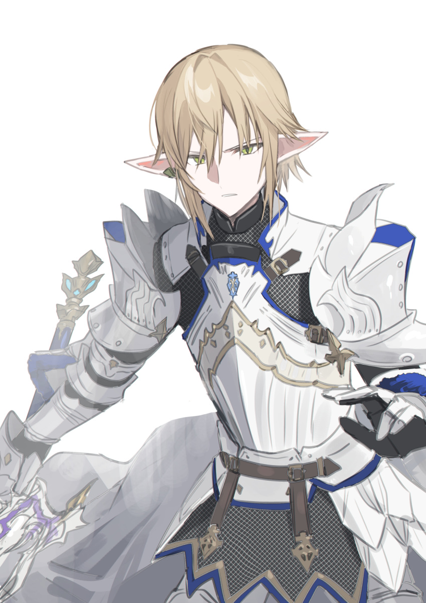 1boy armor blonde_hair breastplate chainmail chihuri final_fantasy final_fantasy_xiv gauntlets green_eyes hair_between_eyes highres holding holding_sword holding_weapon looking_at_viewer male_focus parted_lips pauldrons pointy_ears shoulder_armor simple_background solo sword weapon white_background zephirin_de_valhourdin