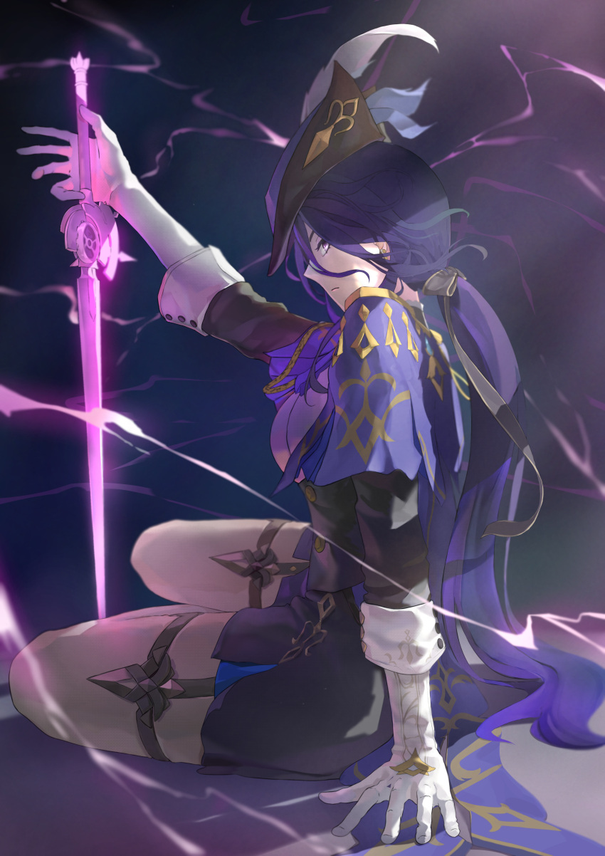 1girl absurdres arm_support ascot black_corset clorinde_(genshin_impact) corset eghol electricity epaulettes fold-over_gloves genshin_impact gloves glowing glowing_sword glowing_weapon hat hat_feather highres holding holding_sword holding_weapon long_hair looking_to_the_side low_ponytail purple_ascot purple_hair sitting solo sword thigh_strap tricorne violet_eyes weapon white_gloves