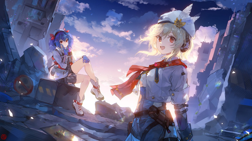 2girls arm_behind_back blonde_hair blue_gloves blue_hair boots clouds cloudy_sky colphne_(girls'_frontline_2) finger_to_face girls'_frontline_2:_exilium girls_frontline gloves hand_on_own_knee hand_on_own_leg hat_feather headphones medium_hair multiple_girls nagant_revolver_(girls'_frontline) open_mouth orange_eyes red_eyes red_scarf ruins scarf sitting sky smile teeth twintails upper_teeth_only white_footwear white_headwear xuedaixun