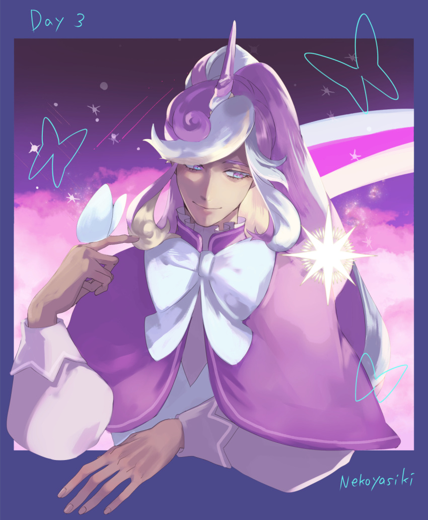 1other androgynous bow bowtie bug butterfly cape capelet closed_mouth cookie_run cream_unicorn_cookie english_text gloves highres humanization long_hair looking_at_viewer multicolored_hair nekoyasiki33 night night_sky personification purple_cape purple_capelet rainbow_hair sky solo unicorn_horn very_long_hair violet_eyes white_gloves