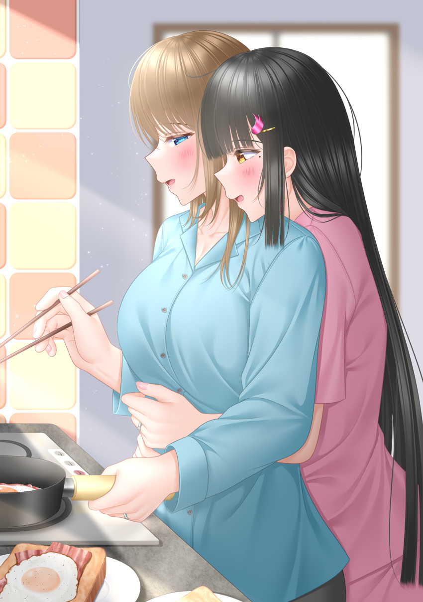 2girls :d bacon black_hair black_pants blonde_hair blue_eyes blunt_ends bread bread_slice breakfast breasts brown_eyes chopsticks collarbone dress fingernails food fried_egg from_side frying_pan hair_ornament half-closed_eyes highres holding holding_chopsticks holding_frying_pan hug hug_from_behind jewelry kitchen large_breasts lino_(lilyparty07) long_hair mole mole_under_eye multiple_girls open_mouth original pants pink_dress plate ring smile stove sweater toast wedding_ring wife_and_wife yuri