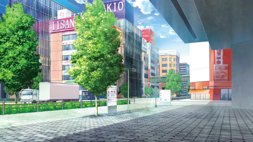 blue_sky building city clouds day film_grain game_cg izumi_tsubasu lamppost motor_vehicle no_humans non-web_source official_art outdoors railing re:stage! scenery shade sign sky tree truck