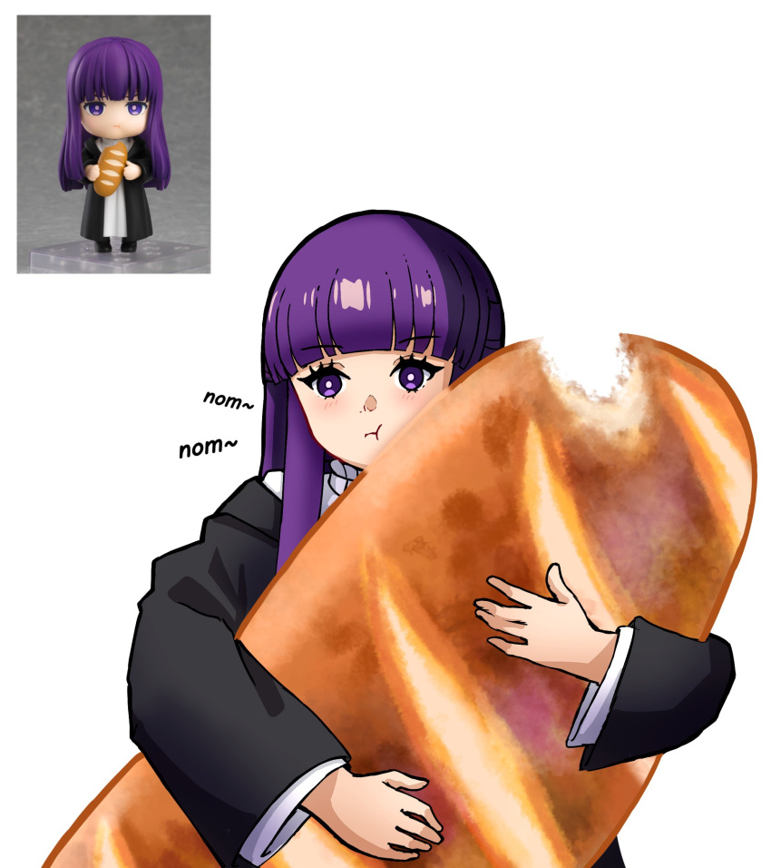 1girl bread chewing food food_bite frieren highres holding holding_food long_hair long_sleeves looking_at_viewer oversized_food oversized_object purple_hair reference_inset shura_(shura_cs) solo sousou_no_frieren toy violet_eyes white_background