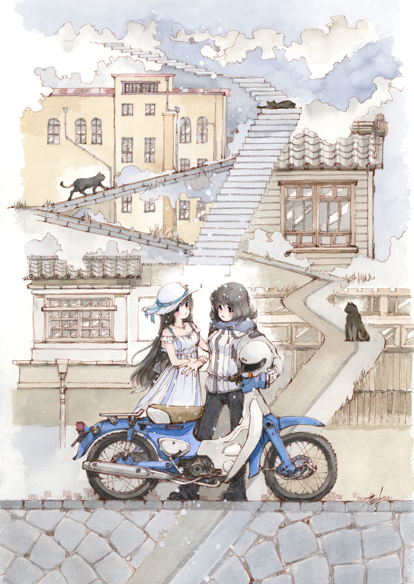 2girls animal black_cat black_hair black_pants blue_scarf building cat cityscape copyright_request dress frilled_dress frills hat helmet hi_fumiyo highres holding holding_helmet long_hair looking_at_another motor_vehicle motorcycle motorcycle_helmet multiple_girls pants scarf short_hair signature stairs sun_hat sundress