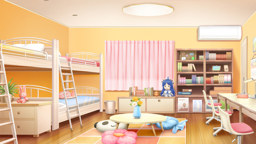 air_conditioner bed bedroom book bookshelf bunk_bed calendar_(object) candy-shaped_pillow ceiling_light character_doll character_request curtains desk_lamp film_grain flower game_cg indoors izumi_tsubasu ladder lamp no_humans non-web_source official_art panda pillow pink_flower plant poster_(object) potted_plant re:stage! rug scenery stuffed_animal stuffed_rabbit stuffed_toy swivel_chair trash_can wooden_floor