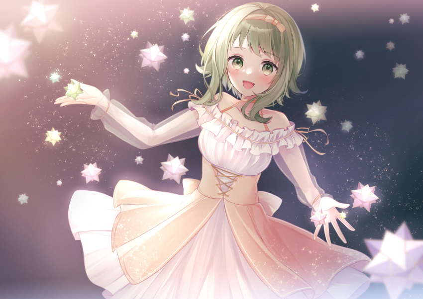 1girl absurdres blush bow_hairband canary999 commentary dress green_eyes green_hair gumi hairband highres layered_dress long_sleeves looking_at_viewer open_mouth ribbon see-through see-through_sleeves short_hair_with_long_locks sky small_stellated_dodecahedron smile solo star_(sky) starry_sky underbust vocaloid
