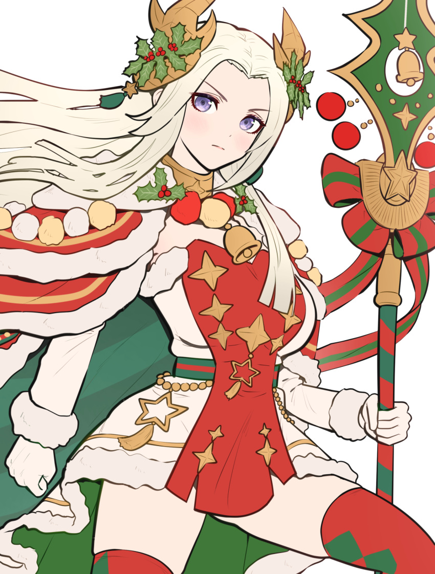 1girl bell cape christmas closed_mouth commentary dress edelgard_von_hresvelg edelgard_von_hresvelg_(snowfall_future) fire_emblem fire_emblem:_three_houses fire_emblem_heroes fur-trimmed_cape fur-trimmed_dress fur_trim gloves gonzarez highres holding holding_polearm holding_weapon holly horns intelligent_systems jewelry jingle_bell nintendo official_alternate_costume polearm red_dress ribbon solo star_(symbol) thigh-highs thighs two-tone_dress violet_eyes weapon white_background white_dress white_gloves white_hair zettai_ryouiki