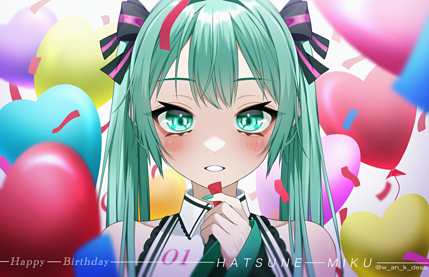 1girl balloon blue_eyes blue_hair blush bow character_name collared_shirt confetti hair_bow happy_birthday hatsune_miku heart_balloon highres long_hair long_sleeves looking_at_viewer nail_polish shirt sleeveless sleeveless_shirt sleeves_past_wrists smile solo straight-on twintails upper_body vocaloid wanko_(yurika0320)