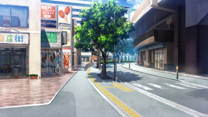 ad banner blue_sky brick building city clouds crosswalk day film_grain game_cg izumi_tsubasu lamppost no_humans non-web_source official_art outdoors plant potted_plant re:stage! road scenery sky storefront street tree