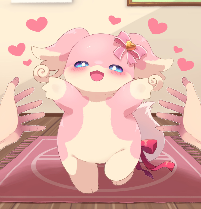 1girl :3 animal_ears animal_feet animal_hands arms_up audino blue_sclera blush body_fur bow colored_sclera commentary_request disembodied_limb ebisaki flat_chest full_body furry furry_female hair_bow half-closed_eyes happy heart highres incoming_hug indoors leg_up looking_at_viewer open_mouth outstretched_arms partial_commentary pink_bow pink_fur poke_ball_symbol pokemon pokemon_(creature) pov red_ribbon ribbon rug smile solo_focus spread_arms standing standing_on_one_leg tail tail_ornament tail_ribbon two-tone_fur white_eyes wooden_floor yellow_fur