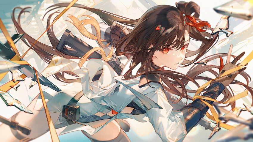 1girl armor brown_hair chinese_clothes floating_hair girls'_frontline_2:_exilium girls_frontline glass_shards gun hair_ornament highres long_hair looking_at_viewer orange_eyes parted_lips qbz-191 qbz-191_(girls'_frontline) rifle satsuya shoulder_armor solo weapon