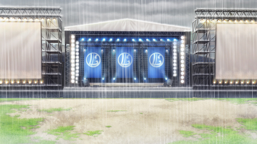 building clouds cloudy_sky dirt fence film_grain game_cg grass izumi_tsubasu light_bulb no_humans non-web_source official_art outdoors rain re:stage! scenery screen sky speaker stage stage_lights