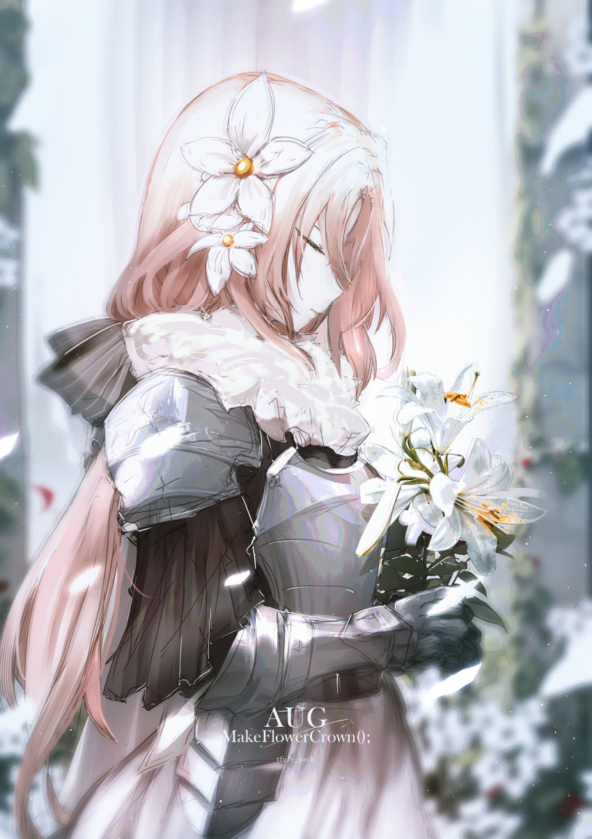 1girl absurdres armor armored_gloves aug_(girls'_frontline) aug_(requiem_array)_(girls'_frontline) blurry blurry_background bow breastplate character_name closed_eyes flower from_side girls_frontline hair_bow hair_flower hair_ornament highres holding holding_flower long_hair official_alternate_costume pink_hair shoulder_armor solo tfnfe_sach upper_body white_lily
