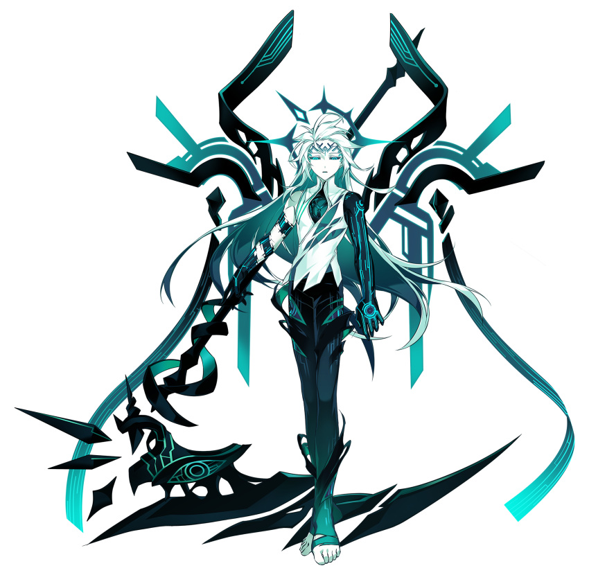 1boy ainchase_ishmael aqua_eyes aqua_pupils black_pants black_sclera black_skin black_wings body_markings colored_inner_hair colored_sclera colored_skin compass_rose_halo cracked_skin dark_halo diamond-shaped_pupils diamond_(shape) elsword energy_wings expressionless eye_symbol facial_tattoo full_body green_hair hair_slicked_back halo halo_behind_head highres holding holding_scythe hole_in_chest hole_on_body hollow_body long_hair looking_at_viewer male_focus multicolored_hair multicolored_skin multiple_wings official_art outstretched_arm pants parted_lips ringed_eyes scythe shirt sleeveless sleeveless_shirt solo spikes standing symbol-shaped_pupils tattoo third-party_source toeless_legwear transparent_background white_hair white_shirt white_skin wings