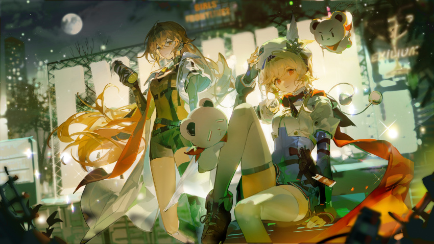 2girls absurdres blonde_hair blurry_text building coat copyright_name girls'_frontline_2:_exilium girls_frontline hat_feather highres long_hair looking_at_viewer moon multiple_girls nagant_revolver_(girls'_frontline) night night_sky open_clothes open_coat orange_eyes ots-14_(girls'_frontline) red_eyes ruoganzhao short_hair shorts sitting sky thigh-highs white_coat white_headwear white_thighhighs